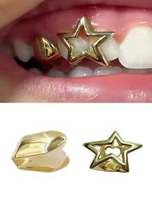 1pc Hollow Five-Pointed Star Grillz, Simple Hip Hop Style Gold Teeth Grill, Suitable For Men And Women Daily Wear
