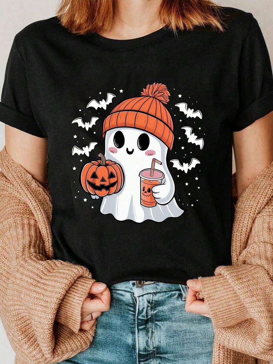 Camiseta playera T-shirt mujer cuello redondo manga corta estampado grafico HALLOWEEN fantasma con bebida y calabaza con murcielagos cuello redondo manga corta primavera verano uso diario - Negro - Ver 1