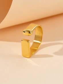 Mazuer 1pc 18K Gold Plated Stainless Steel Vintage Design Rectangular Open Ring, Gift For Women, Y2K Western Jewelry, Suitable For Celebrations, Parties, Daily Wear, Vacation - Gold - View 3