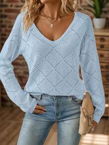 1 pieza Suéter de punto con patrón de diamantes de talla grande, adecuado para vacaciones y uso diario, ropa de exterior de otoño/invierno de talla grande para mujeres, casual de negocios de talla grande para mujeres, top básico, blusa de manga larga para mujeres, ropa elegante para mujeres, suéter de talla grande