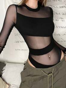 性感透视网纱连体衣上装，修身撞色长袖圆领连体衣 - 黑色 - 查看 5