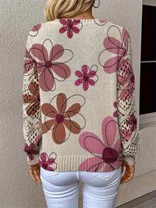 优雅印花V领长袖毛衣，百搭波西米亚风上衣，适合春、夏、秋、冬四季穿着，针织套头衫，适合办公室、街头、居家、旅行度假等各种场合。 - 紫色 - 查看 2