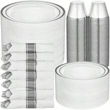 600pcs And Gold Plastic Plates Dinnerware Set Guest, Incl. Heavy Duty Gold Plastic Plates With Gold Trim, Cups, Cutlery - 50位賓客套裝+銀 - 查看 1