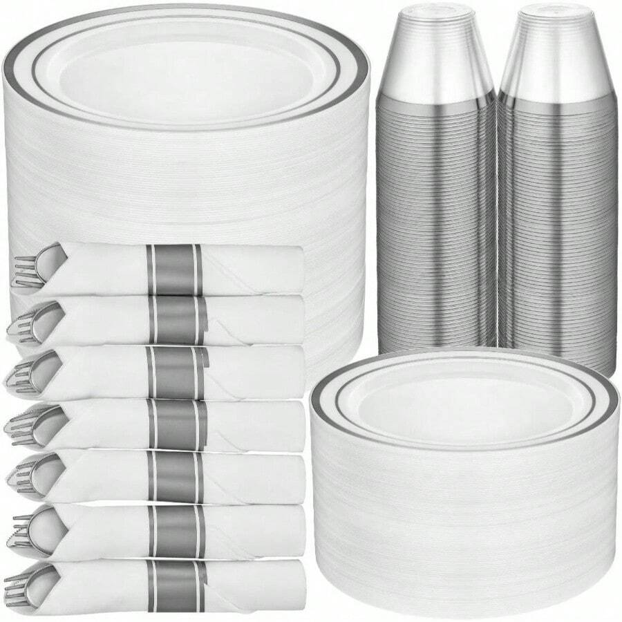 600pcs And Gold Plastic Plates Dinnerware Set Guest, Incl. Heavy Duty Gold Plastic Plates With Gold Trim, Cups, Cutlery - 50位賓客套裝+銀 - 查看 1
