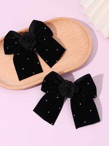 2 piezas/4 piezas Pasadores de pelo con lazo rojo y negro, para niñas, pasadores de pelo decorados con flores de tela y strass, accesorios de pelo elegantes para niños para uso diario y regalos de fiesta - horquilla de lazo - Ver 9