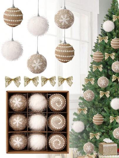 9pcs Christmas Tree Ball Ornament Set, Champagne White Glittering Shatterproof Foam, Christmas Ball Ornaments Xmas Tree Decor Holiday Decoration, Decorative Hanging Balls Shopping Mall Decorations, Holiday Parties, Wreaths