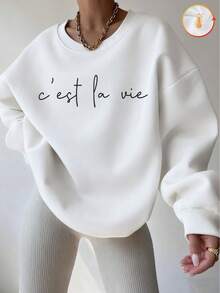 保暖女款圓領運動衫 棉質女式上衣，Curve oversize 運動衫，c'est la vie 文字印花，秋冬裝 保暖抓絨襯裡，寬鬆 休閒運動衫，時尚百搭，chic,復古風/學院風，居家，柔軟的萬聖節外身上衣，適合寒冷天氣服裝長袖上衣，女式街頭禮服上衣，女式服裝上衣，白色造型上衣，白色造型長袖衣上衣，女式洋裝 - 白色 - 查看 1