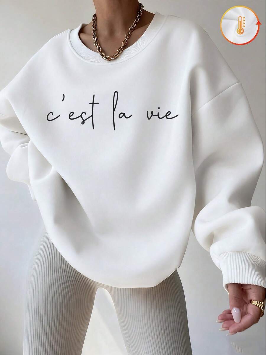 保暖女款圓領運動衫 棉質女式上衣,Curve oversize 運動衫,c'est la vie 文字印花,秋冬裝 保暖抓絨襯裡,寬鬆 休閒運動衫,時尚百搭,chic,復古風/學院風,居家,柔軟的萬聖節外身上衣,適合寒冷天氣服裝長袖上衣,女式街頭禮服上衣,女式服裝上衣,白色造型上衣,白色造型長袖衣上衣,女式洋裝 - 白色 - 查看 1