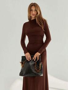 Women's Long Dress Pleated Fitted Long Sleeve Ruched Suplex Premium High Neck Elegant Party Foreign Fashion - Rỉ Nâu - Xem 5