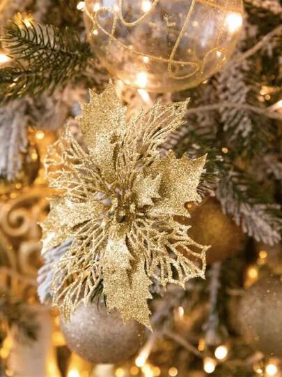 2pcs/6pcs/10pcs Glitter Poinsettia Flowers, Multi-Color Artificial Poinsettia For Christmas Tree, Wreaths And Holiday Decorations (With Clips), Christmas