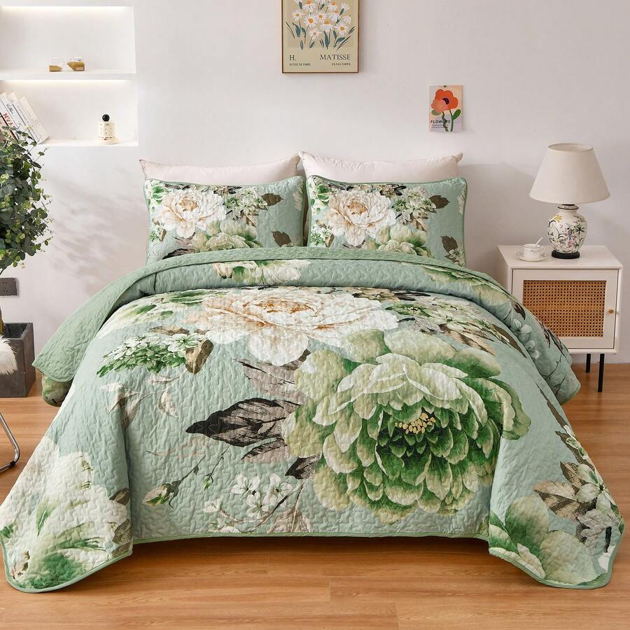 3 Pieces Reversible Botanical Plant Coverlet Set With 2 Pillow Shams, Floral Quilt Set Sage Green Queen King Size, Quilted Printed Lightweight Bedspread Bedding Set Suitable For Wedding Items, Valentines Day Home Bed Room Decor, Easter Gifts, Mothers Day Gift, All Season - Sage Green - 查看 1