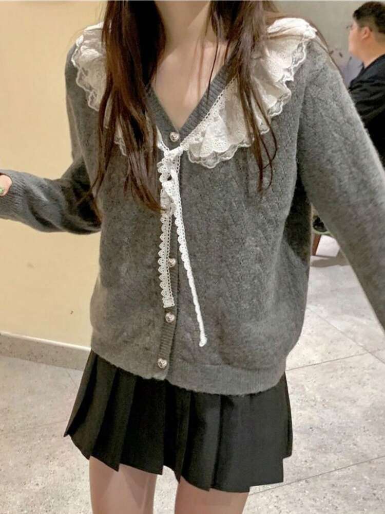 여성 캐주얼 브이넥 레이스 패치워크 니트 스웨터 (타이 포함), 스위트 & 큐트 그레이 카디건, 가을/겨울용 긴소매 루즈 아우터웨어