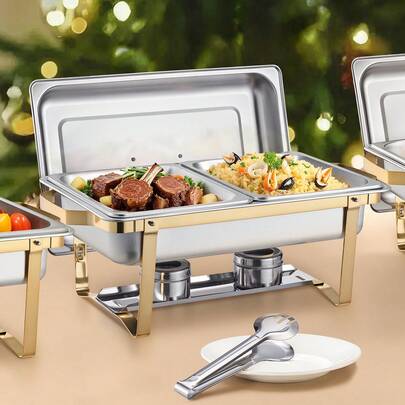 Chafing Dish Buffet Set, 8 Qt 4 Pack, Stainless Steel Chafer With 2 Full Size And 4 Half Size Pans, Rectangle Catering Warmer Server With Lid Water Pan Stand, For Weddings Parties Banquets, Gold