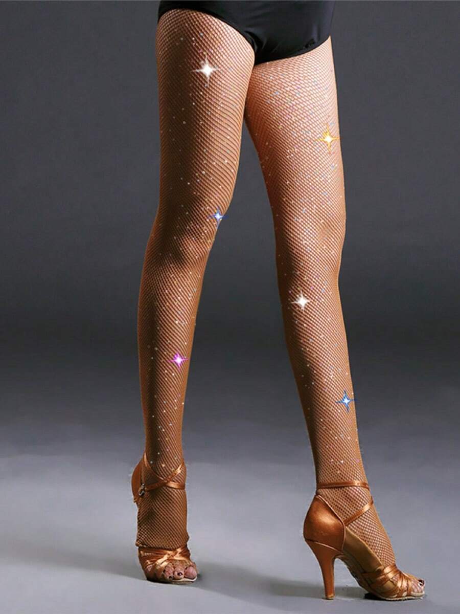 女士时尚水晶网眼打底裤，女士性感高弹网眼紧身裤，适合日常穿着、休闲居家、户外、通勤、舞会和性感场合，连裤袜，紧身裤 - 摩卡棕 - 查看 1