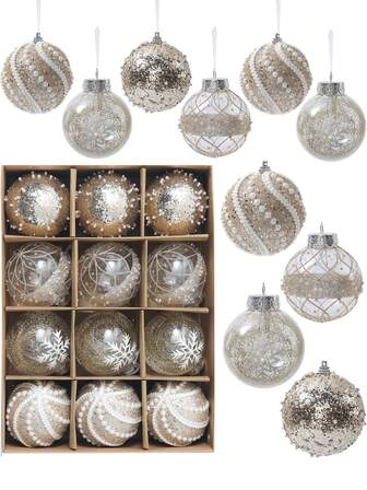 12pcs-3.15in Christmas Ornaments Set, Shatterproof Decorative Hanging Ball Ornament With Stuffed Delicate Decorations, Clear Rustic Xmas Tree Balls For Holiday Party- Pink.