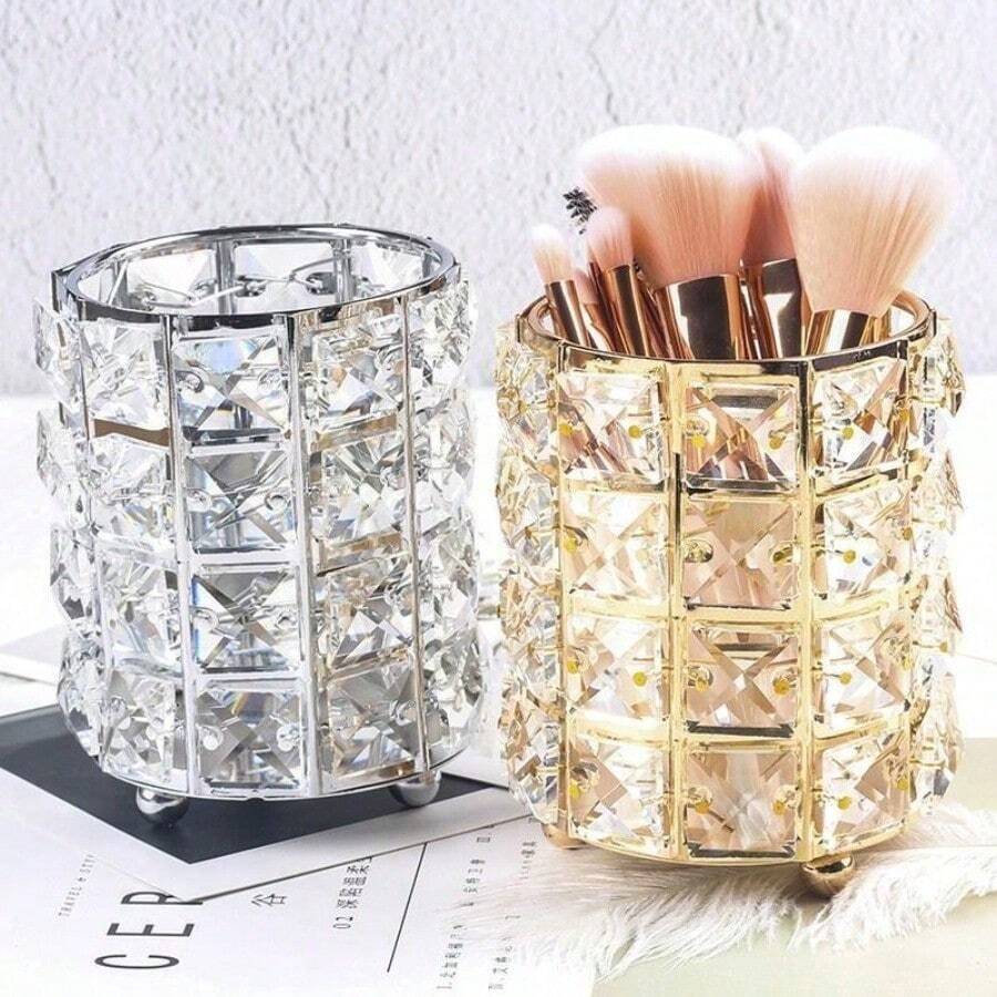 Metal Makeup Brush Storage Tube Eyebrow Pencil Makeup Organizer Bead Crystal Jewelry Storage Box - Multicolor - View 1