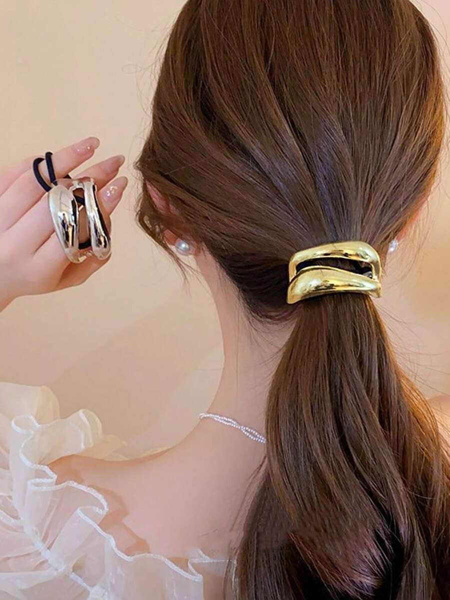 1/2个优雅金色金属简约发圈，奢华皮革弧形设计发绳，女士极简时尚发饰，光泽打结马尾发圈，圆顶马尾发圈，弹性发带，女士发饰头饰橡皮筋 - 彩色 - 查看 1