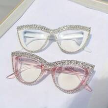 2pcs Elegant Cat Eye Crystal Glasses - Stylish Full Frame Design, Shiny Crystal Lightweight Computer Glasses +1, 0 To +4, 0 Black And Translucent Frame| Decorative Glasses| Polycarbonate Lenses - 白色+粉紅色 - 查看 5