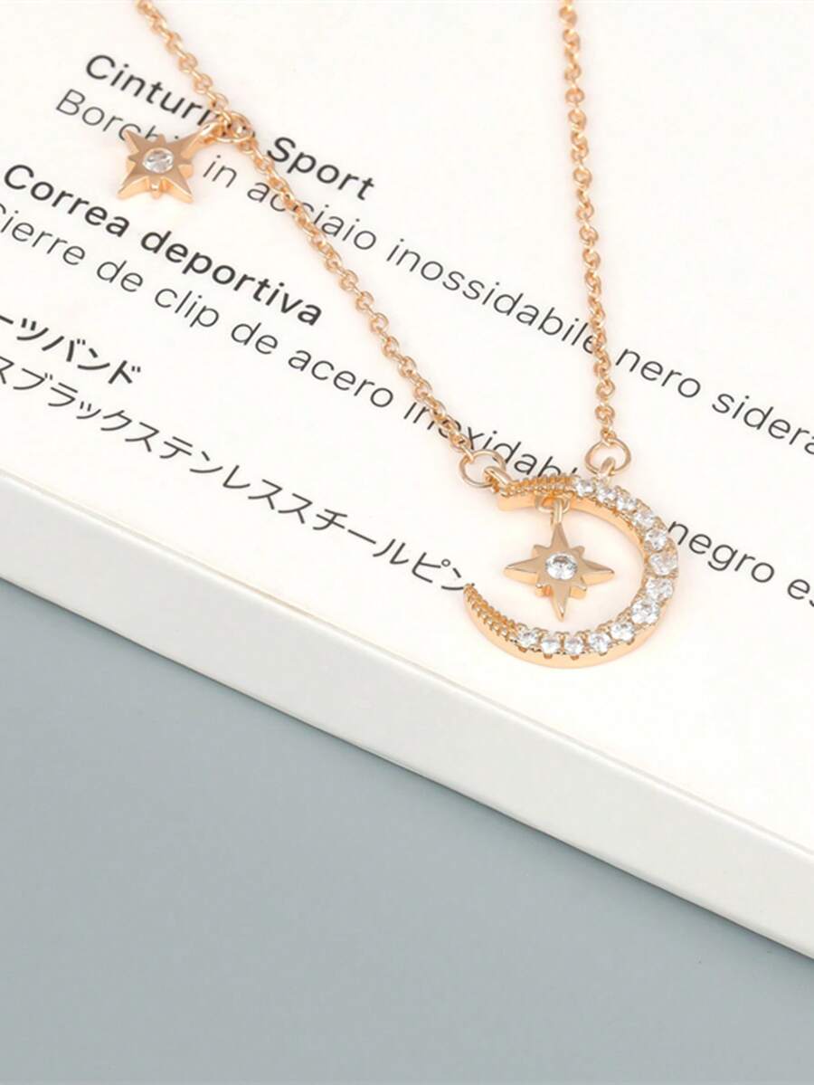 falinne 1pc S925 Sterling Silver Star & Moon Zirconia Necklace, Elegant & Fashionable, Tarnish-Resistant, Hypoallergenic Clavicle Chain, Suitable For Women