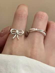 2 piezas Anillos de cinta de lazo en color plateado romántico y adorable estilo Y2K para mujer, anillos de dedo abiertos con líneas geométricas exquisitas, regalo de joyería - corbata de moño - Ver 4
