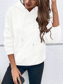 2025 Autumn&Winter New European And American Women's Cross-Border Fashion: Minimalist Style Crewneck Long-Sleeve Solid-Colored Sweatshirt For Women Women's Stylish Geometric Pattern Hoodie - Comfortable Polyester Fabric, Drawstring Details, Machine-Washable - Perfect Choice For Autumn&Winter The Kangaroo Pocket Adds Practicality (Stash Small Items Or Warm Hands), And Ribbed Cuffs/Hem Lock In Warmth Without Restriction. The Muted Heathered Gray Hue Pairs Seamlessly With Jeans, Shorts, Or Leggings-Ideal For Errands, Coffee Runs, Or Lazy Weekends. Durable, Pill-Resistant, And Machine-Washable, It's A Versatile Staple That Turns Casual Moments Into Polished, Comfortable Ones. - trắng - Xem 5