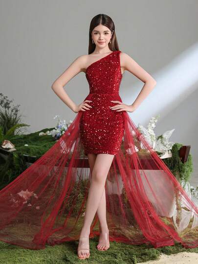 Einschultriges glitzerndes Meerjungfrauenkleid für Teenager mit Tüllschleppe und Pailletten-Verzierungen, perfekt für Galas, Abschlussbälle, Hochzeitspartys, formelle Abendessen und Preisverleihungen