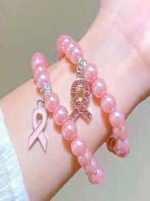 Elegant Ribbon Pendant Beaded Bracelet, Fashion Jewelry Accessory, Breast Cancer Awareness Gift For Women
