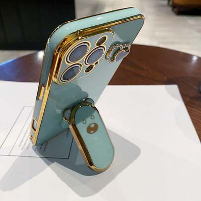 1 件电镀可爱熊握把手机壳，隐藏式支架防震超薄保护套防摔软壳，兼容 7/8/11/12/13/14/15/X/XR/Xs/Plus/Pro/Pro Max/SE2/Mini 系列