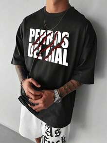 Playera con temática de lucha libre estampado de grupo de perros diabólicos, playera informal de verano para hombre, cuello redondo, manga corta, 100 % algodón, 220 g de algodón grueso - Negro - Ver 1