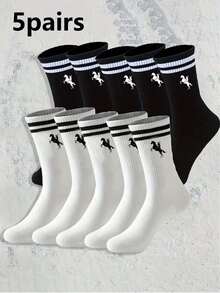 1/5/10 Pairs Unisex Striped Mid-Calf Socks, Soft & Comfortable Horse Pattern Casual Sports Socks, Suitable For Daily Wear Or Outdoor Activities, All Seasons Christmas Gift - Black and White - View 10