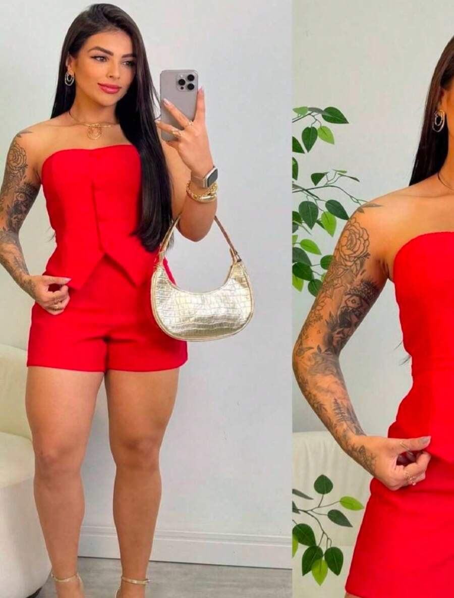 Women's Formal Set With Shorts And Button-Down Top, Summer  2026 - Red - View 1