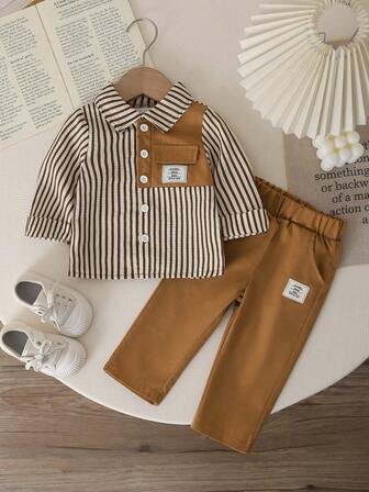 2pcs/Set Toddler Boys Casual Versatile Classic Stripe Collar Cardigan Long Sleeve Shirt And Elastic Waist Straight Leg Trousers Brown Outfit'