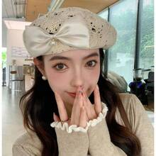 Women Beret Hat  Bow Pearl Woven Beret Summer Hollow Out Hat Slouchy Crochet French Artist Cap Floral Beanie Hat