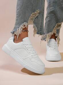 Women's High-Top Skate Shoes, Chunky Sole Sneakers Brown White Black, Casual Streetwear With Gold Anklet - Perfect Gift Idea - 白色 - 查看 2