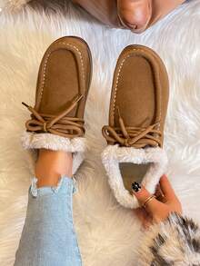 2025 Neue Plateau-Sohle mit rundem Zehenbereich, Retro-Keilabsatz, modische vielseitige Plattform-Winterstiefel mit Schnürung, flauschiger Kante, bequem und ermüdungsarm, Schlupf-On Schuhe für Frauen - Khaki - Übersicht 4