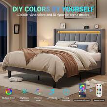 Allewie Full/Queen/King Size LED Bed Frame With Charging Station, Velvet Upholstered Platform Bed With Geometric Wingback Headboard, Modern Frame With No Box Spring Needed, Easy Assembly, Grey - 灰色 - 查看 6