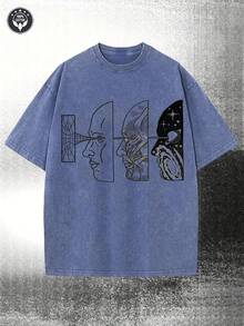 230g Washed, Reality Manipulated By Thoughts Printed Men's T-Shirt, High-Quality Batik Cotton All Season Casual T-Shirt, Street Or Outdoor, Perfect Gift For Holidays - 寶藍色 - 查看 1