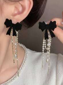 1 Pair Elegant Sweet Cute Bowknot Tassel Earrings, Suitable For Festivals, Parties, Daily Wear, Great Gift For Friends - one-size - View 4