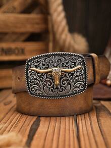 1pc Western Cowboy Style Bull Head Buckle Leather Belt, Fashion PU Material Unisex Retro Belts, 4 Colors Available - Ox - View 14