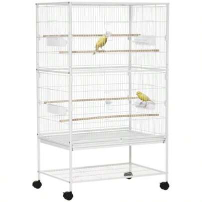 Large Bird Cage Budgie Cage Finch Canaries Parakeet With Rolling Stand, Slide - Out Tray, Storage Shelf, Food Containers, White