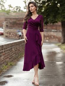 MIUSOL V-Ausschnitt Blumen Spitze Rüschen Saum Abend Party Langes Abendkleid