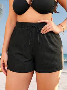 Swim Lushoire Summer Beach Plus Size Women's Adjustable Waist Tie Pocket Swim Bottom - Black - View 1