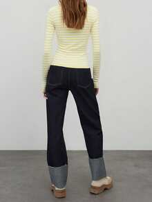 Women Striped Cardigan Slim Fit Crew Neck Long Sleeve Button-Up Knit Sweater Casual Fall Streetwear - 黃色 - 查看 2