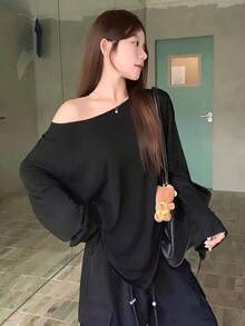 女式黑色简约百搭纯色露肩浪漫海滩街头 Y2K 别致 T 恤 - 黑色 - 查看 3