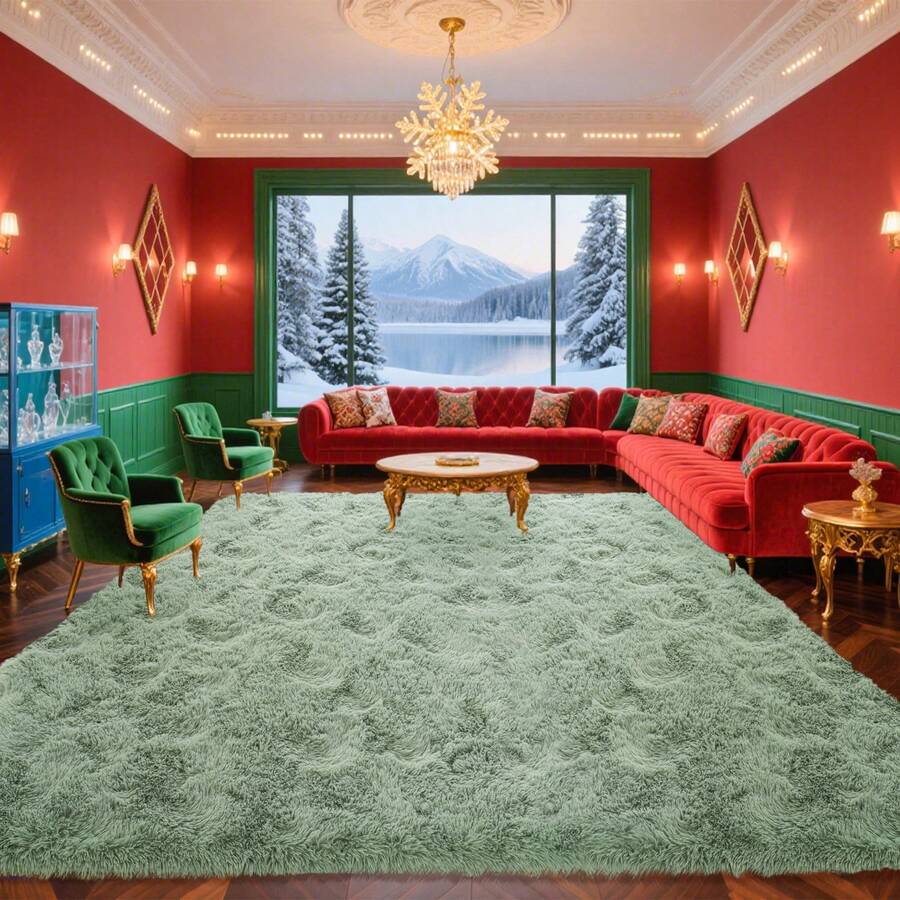 Large Shaggy Area Rug For Living Room & Bedroom – Stain-Resistant Fluffy Carpet With 1.4 In High Pile, Plush Aesthetic Throw Rug, Non-SIip Rubber Backing With 4 Anti-SIip Pads, Durable Edge Stitching – Cozy Minimalist Decor – Great Gift For New Year ! - 薄荷綠 - 查看 1