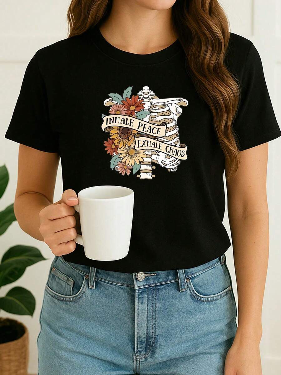 Women's Babylook T-Shirt Old School Skeleton Rib Flowers Phrase Swag Streetwear Minimalist Printed 100% Cotton Various Colors Cute Tumblr Blogger - 黑色 - 查看 1