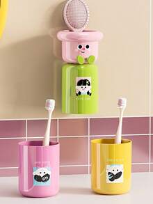 1/2pcs Wall-Mounted Toothbrush Holder, Upside-Down Rinse Cup With Magnetic Suction, Cute Cartoon Mouthwash Cup Holder Wall Mounted Toothbrush Storage Rack Space-Saving Bathroom Toiletry Organizer For Toothpaste And Brushes - Multicolor - View 8