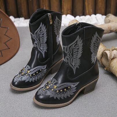 Kids Cowgirl Boots Toddler Western Cowboy Boots With Embroidery Low Heel Comfortable