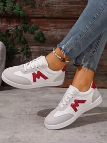 Women's Thick Sole Casual Shoes, New Spring/Autumn Fashion Versatile Lace-Up Sneakers, Non-Slip Patchwork Design - Red - View 6