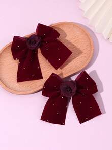 2 piezas/4 piezas Pasadores de pelo con lazo rojo y negro, para niñas, pasadores de pelo decorados con flores de tela y strass, accesorios de pelo elegantes para niños para uso diario y regalos de fiesta - horquilla de lazo - Ver 10